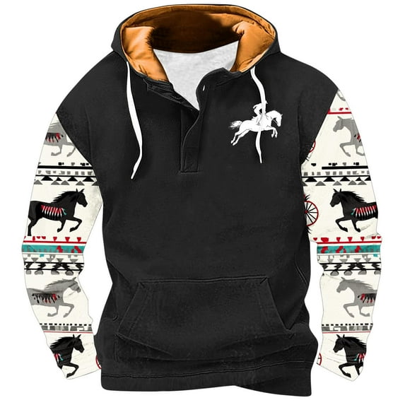 Penkiiy Men's Pocket Button Hooded Pullover Ethnic Western Cowboy Print Long Sleeve Sports Tops Hooded Sweatshirt 4XL Black