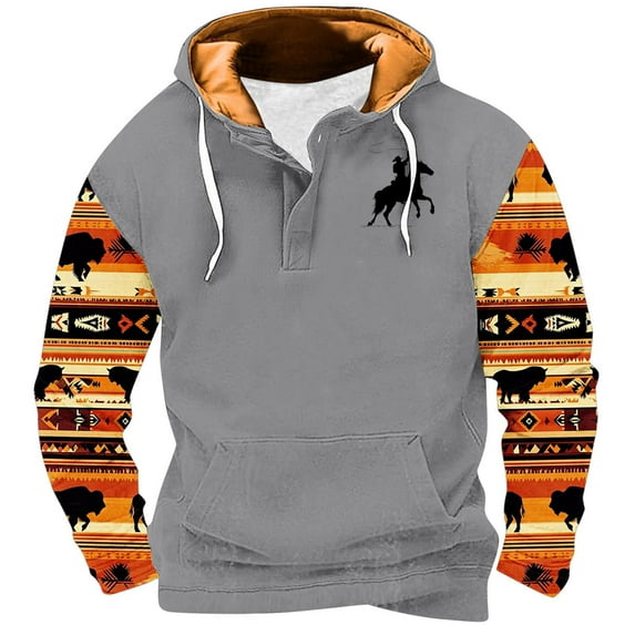 Penkiiy Men's Pocket Button Hooded Pullover Ethnic Western Cowboy Print Long Sleeve Sports Tops Hooded Sweatshirt S Gray