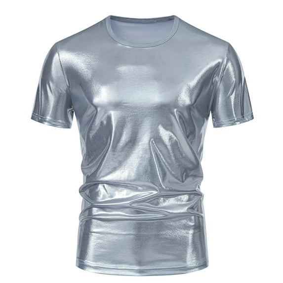 Penkiiy Men's Shiny Rave Tanks Short Sleeve Bodycon 70s Disco Dance Shirts Music Festival Outfits T-Shirts M Silver