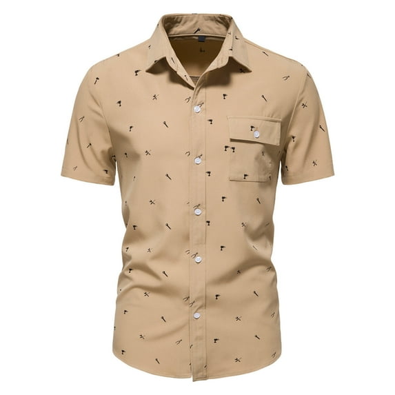 Penkiiy Men's Short Sleeve Wrinkle Free Shirt Button Down Printing Casual Summer Dress Shirts with Pocket Khaki Clearance