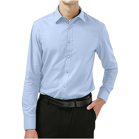 Penkiiy Men's Slim Fit Business Dress Shirts Wrinkle Free Long Sleeve Button Up Shirts Solid Formal Dress Shirt Blue Clearance