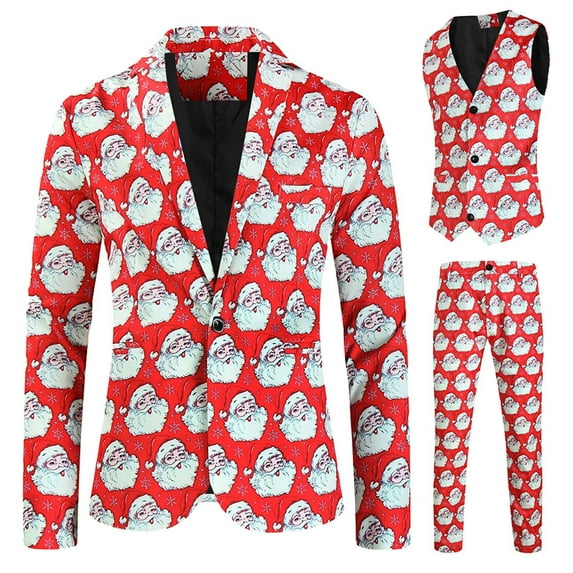 Penkiiy Men's Slim Fit One Button 3 Piece Christmas Party Suit Set Fancy Blazer Jacket Vest Pants Set Lightweight Red