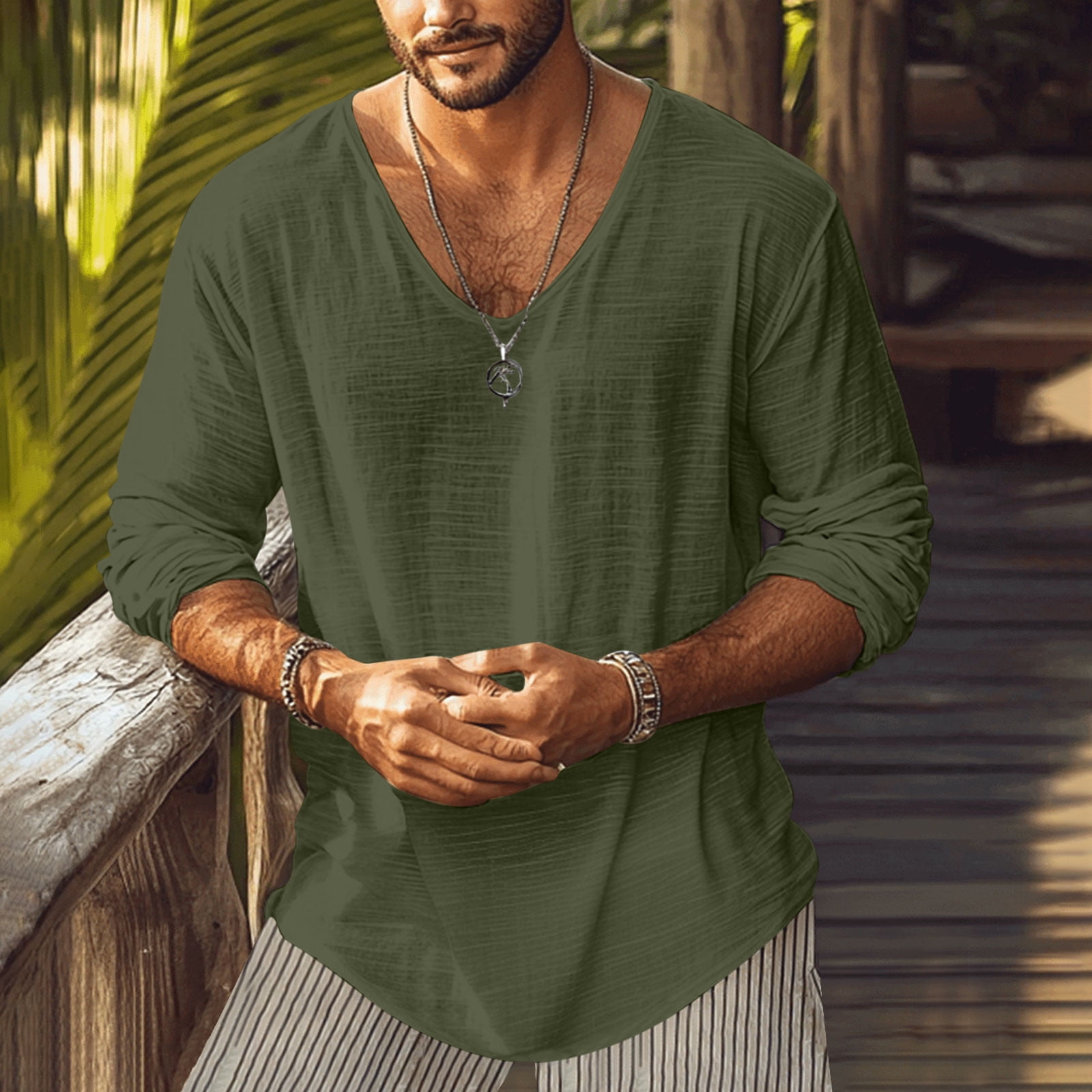 Penkiiy Men's Slim Fit V-Neck Undershirt - Solid Long Sleeve Shirts for ...