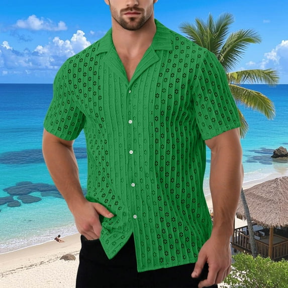 Penkiiy Men's Summer Linen Shirt | Breathable & Lightweight Openwork Embroidery Button-Up Shirt for Casual & Versatile Styling L Green