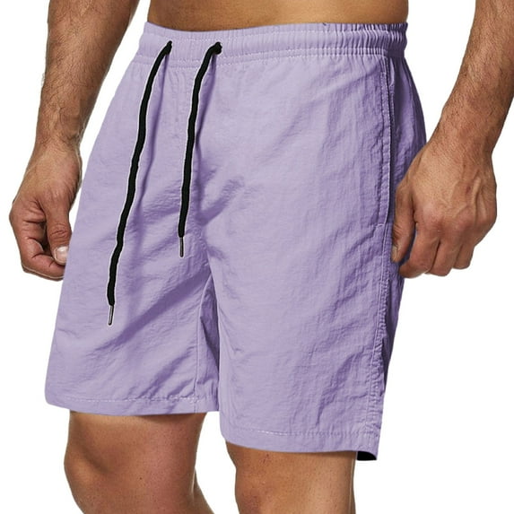 Penkiiy Men's Swim Shorts Summer Beach Soft Relaxed Fit Trunks Mens Elastic Waist Drawstring Shorts Solid Color Short 5XL Purple