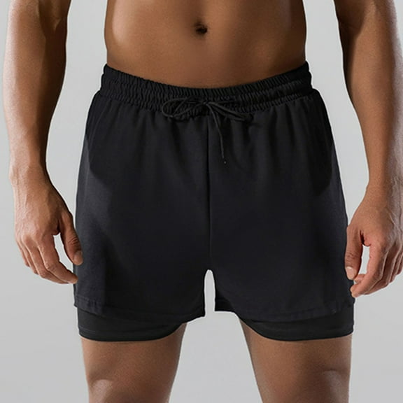 Penkiiy Men's Swim Trunks Double-Layer Dry Anti-Embarrassment Beach Shorts - Elastic Waist M Black