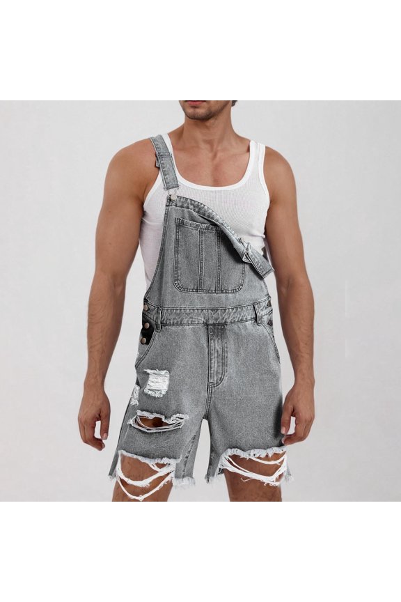 Men's Vintage Washed Denim Overalls Shorts with Adjustable Straps - Trendy Workwear Utility Shorts