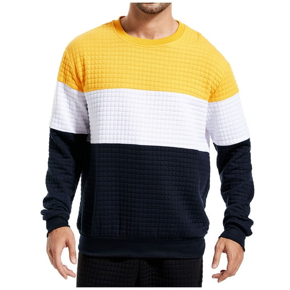 Penkiiy Men's Waffle Patchwork Color Hoodless Sweatshirt Long Sleeve Fashion Gym Athletic Hoodless Plaid Jacquard Pullover with Pocket XS Yellow
