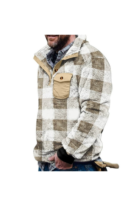 Men's Warm Sherpa Lined Fleece Plaid Flannel Shirt Jacket( Fleece Lined) Beige