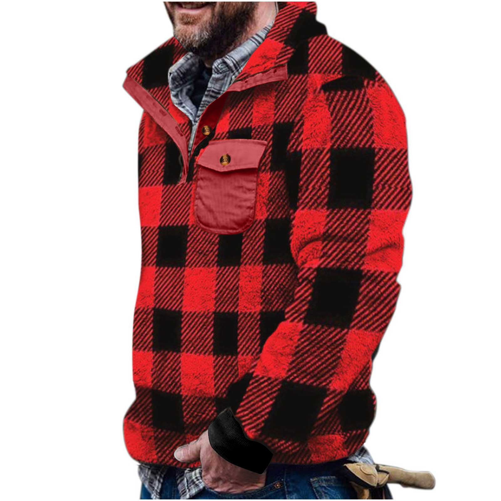 Penkiiy Men's Warm Sherpa Lined Fleece Plaid Flannel Shirt Jacket