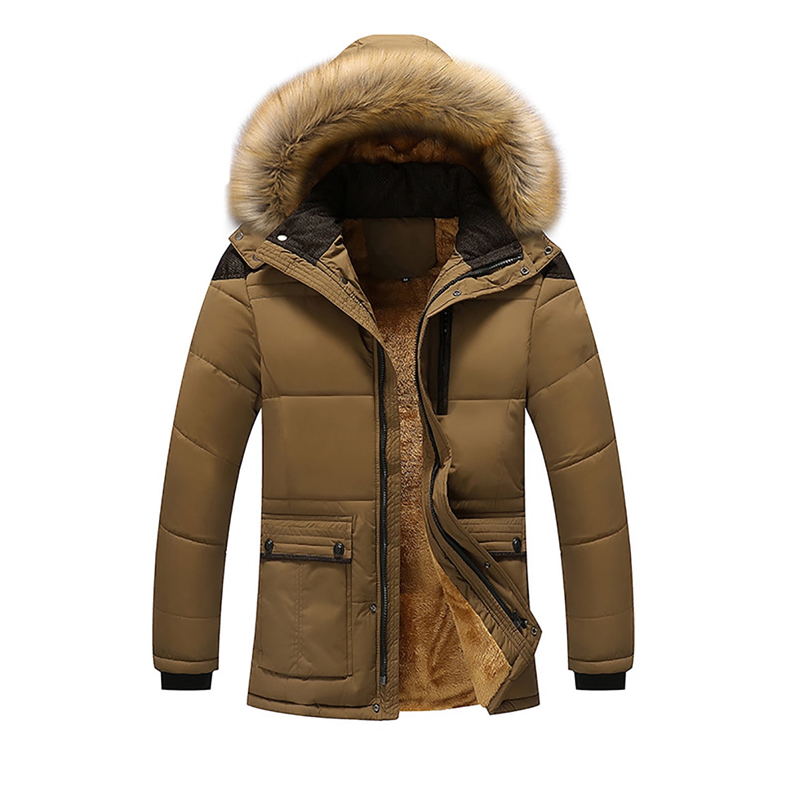 Penkiiy Men s Winter Thickened Plus Size Padded Windproof Warm Cotton Padded Coat Trucker Jacket Polyester Khaki on Clearance Walmart