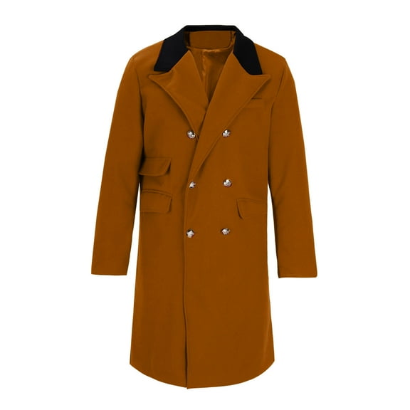 Penkiiy Men's Winter Woolen Coat Single Breasted Windbreaker Midi Long Wool Peacoat Notch Lapel Fall Winter Trench Jackets M Yellow