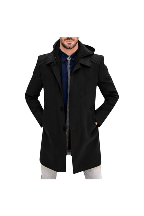 Men's Wool Blend Coat Hoodie Long Trench Coat Casual Overcoat Jacket XL Black