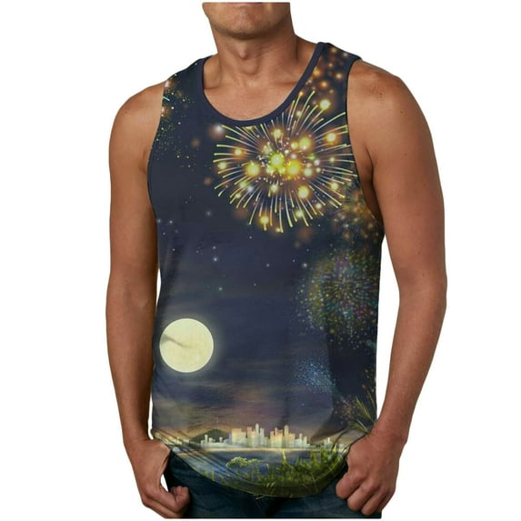 Penkiiy Mens 3D Fireworks Print Tank Top Novelty Graphic Breathable Sleeveless Flame Print Beach Shirt L Dark Blue