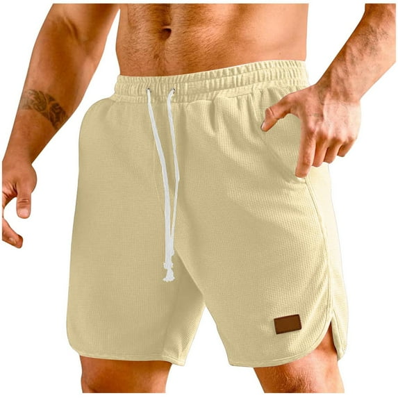 Penkiiy Mens Athletic Shorts Casual Elastic Waist Drawstring Stretch Short Waffle Beach Running Shorts Workout Sweat Gym Short L Beige