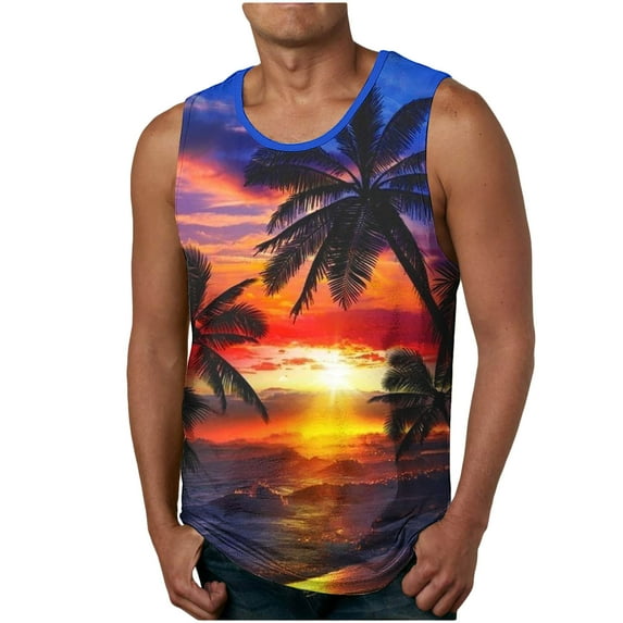 Penkiiy Mens Beach Tank Top Tropical Print Sleeveless Tops Stylish Summer T Shirt Crewneck Athletic Tee Soft Basic Tank Tops M Gold