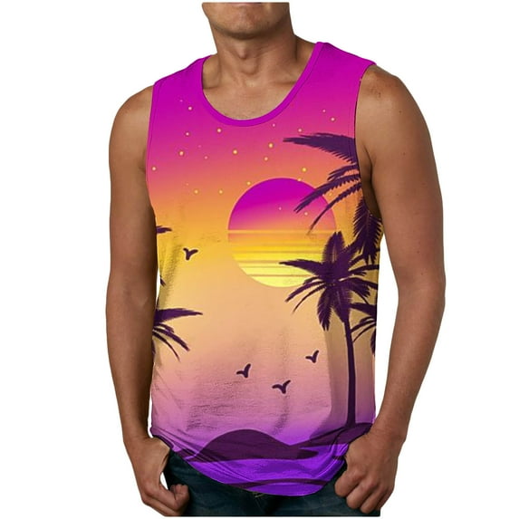 Penkiiy Mens Beach Tank Top Tropical Print Sleeveless Tops Stylish Summer T Shirt Crewneck Athletic Tee Soft Basic Tank Tops M Hot Pink