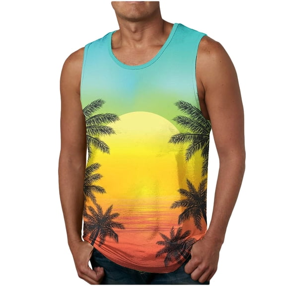 Penkiiy Mens Beach Tank Top Tropical Print Sleeveless Tops Stylish Summer T Shirt Crewneck Athletic Tee Soft Basic Tank Tops M Yellow