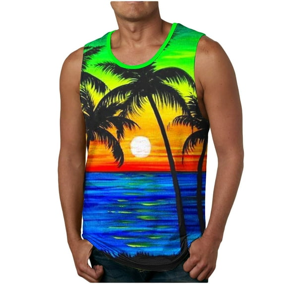 Penkiiy Mens Beach Tank Top Tropical Print Sleeveless Tops Stylish Summer T Shirt Crewneck Athletic Tee Soft Basic Tank Tops XL Blue