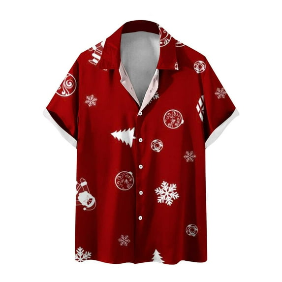 Penkiiy Mens Christmas Shirts Funky Button Down Shirts Party Aloha Shirts Santa Print Hawaiian Shirt Tops Red