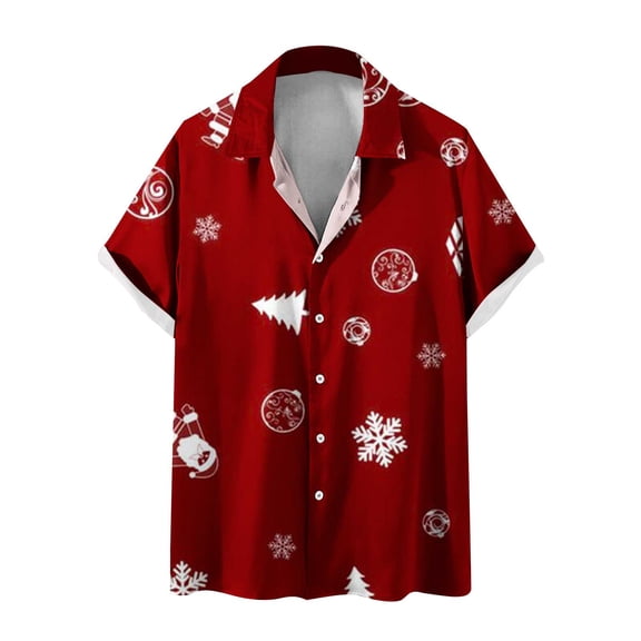 Penkiiy Mens Christmas Shirts Funky Button Down Shirts Party Aloha Shirts Santa Print Hawaiian Shirt Tops Red