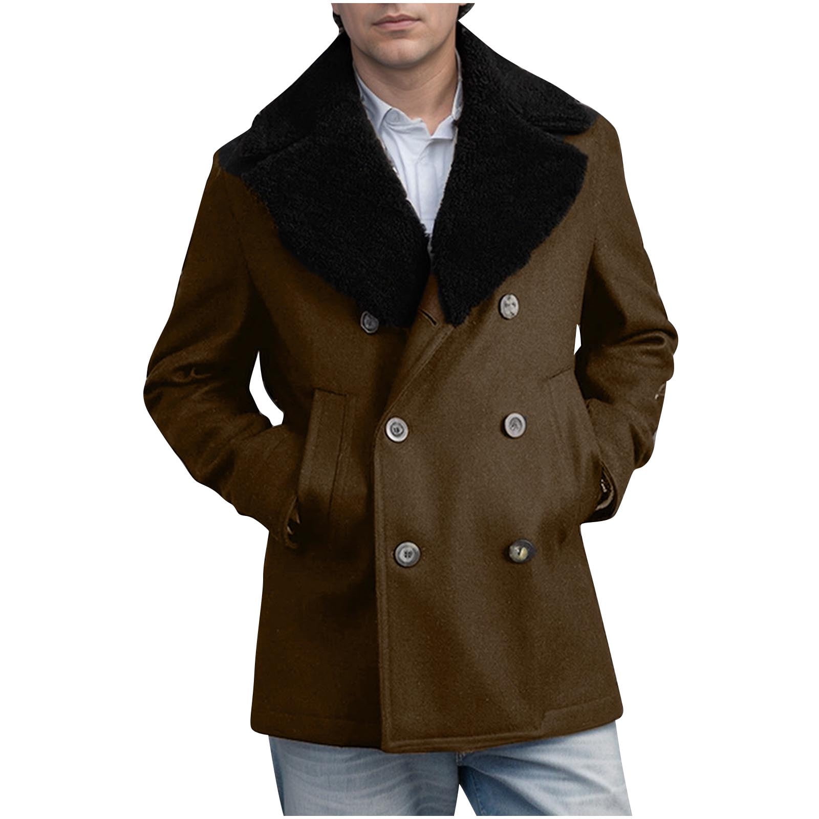 Penkiiy Mens Classic Pea Coat Classic Notched Lapels Double Breasted ...