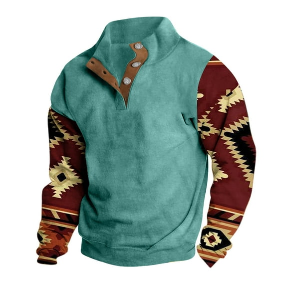 Penkiiy Mens Corduroy Sweatshirts Casual Lapel Collar Henley Shirts Mock Neck Button Pullover Waffle Sweater Mint Green