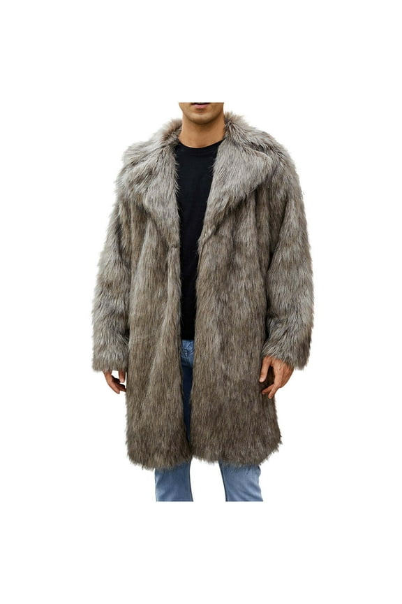 Mens Fashion Faux Fur Coat Knee Length Thick Coat Jacket Long Coats Fleece Lined Fluffy Thick Vintage Overcoat L Brown