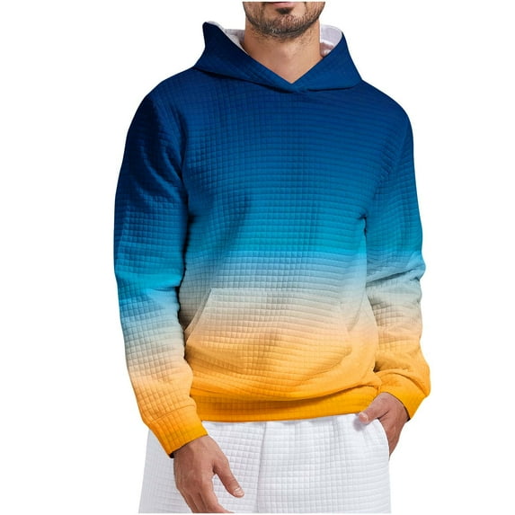 Penkiiy Mens Gradient Waffle Hooded Sweatshirt Casual Long Sleeve Drawstring Waffle Knit Pullover Hoodies XL Blue