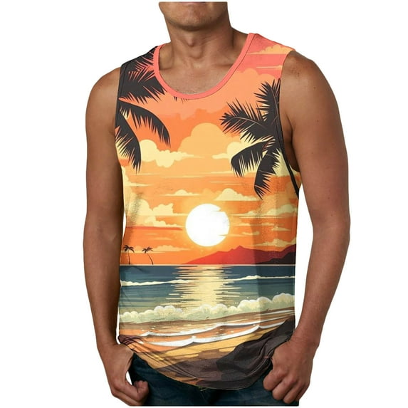 Penkiiy Mens Graphic Sleeveless Shirts Summer Casual Sports T-Shirt Beach Coconut Tree Print Tank Tops Fitness Muscle Tanks M Yellow