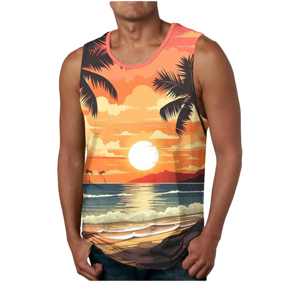 Penkiiy Mens Graphic Sleeveless Shirts Summer Casual Sports T-Shirt Beach Coconut Tree Print Tank Tops Fitness Muscle Tanks M Yellow