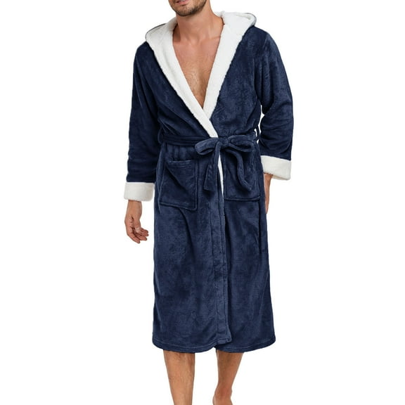 Penkiiy Mens Hooded Robe Plush Fleece, Soft Fluffy House Coat Lounge Robe Full Length Bathrobes with Pockets 2XL Navy