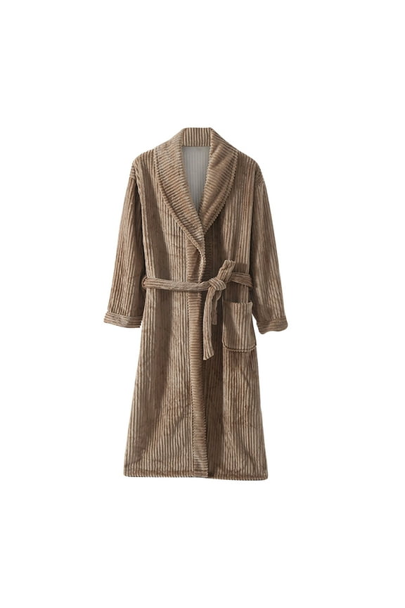 Mens Plush Fleece Robe Soft Shawl Collar Bathrobe Long Fluffy Robes Winter Warm House Robe with Pockets Brown