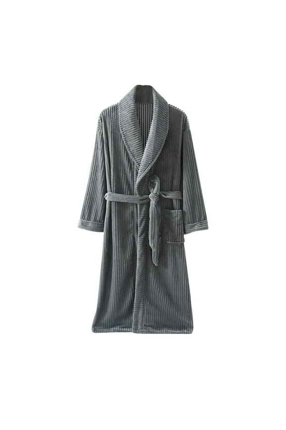 Mens Plush Fleece Robe Soft Shawl Collar Bathrobe Long Fluffy Robes Winter Warm House Robe with Pockets Gray