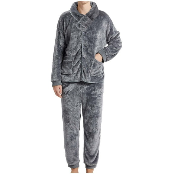 Penkiiy Mens Plush Warm Pajama Sets Soft Fluffy Long Fuzzy Sleepwear with Pockets Cozy Loungewear Pjs Set for Men 2XL Gray