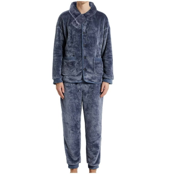 Penkiiy Mens Plush Warm Pajama Sets Soft Fluffy Long Fuzzy Sleepwear with Pockets Cozy Loungewear Pjs Set for Men 2XL Navy