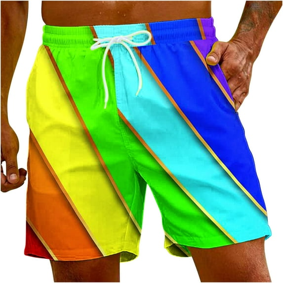 Penkiiy Mens Rainbow Printed Jogger Pants Casual Fashion Shorts with Pockets Elastic Waist Beach Pants Short Pants 3XL Multicolor