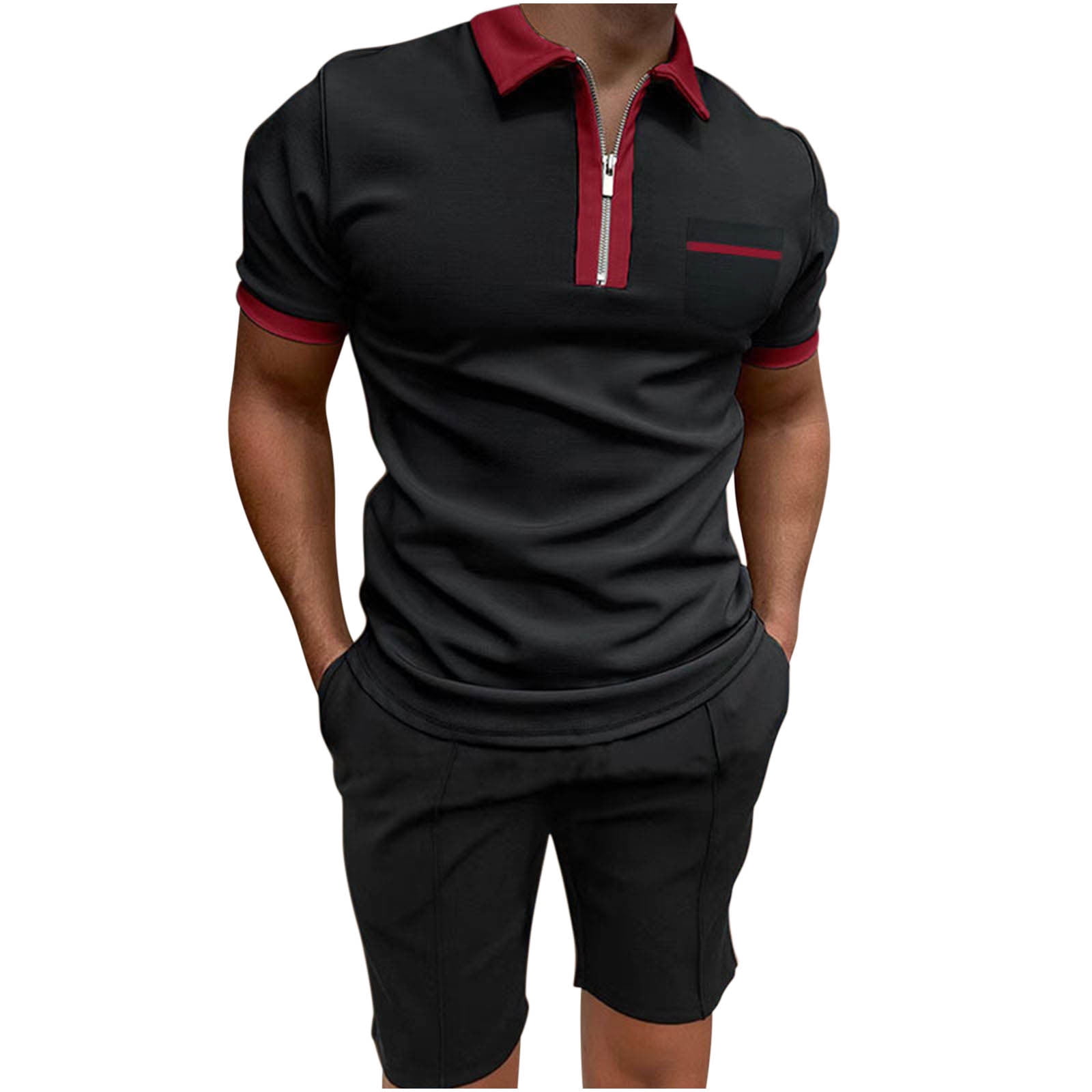 Penkiiy Mens Short Sets 2 Piece Outfits Men's Solid Color Set Shirt Pockets Zip Neck Short Sleeve Top Shorts Casual Sports Two Piece Set Red Mens Sets
