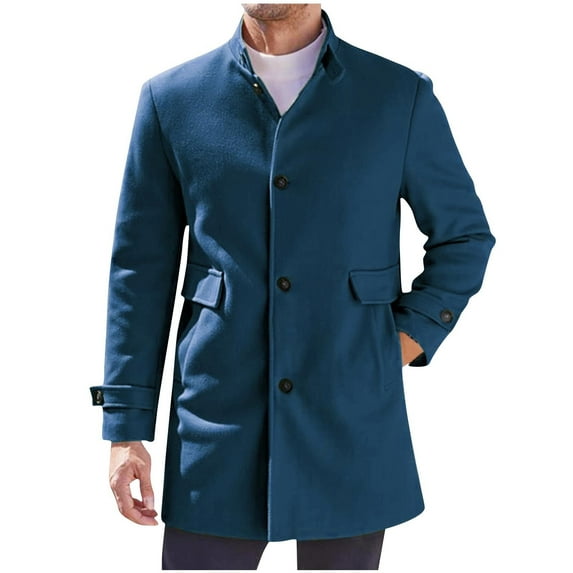Penkiiy Mens Slim Fit Trench Coat Notched Collar Fashion Casual Long Jacket Overcoat Warm Soft Single Breasted Pea Coat XL Blue