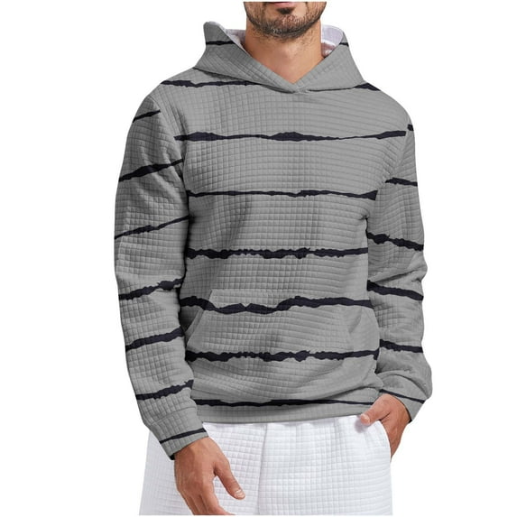 Penkiiy Mens Stripe Print Waffle Hooded Sweatshirt Casual Long Sleeve Drawstring Waffle Knit Pullover Hoodies XL Gray
