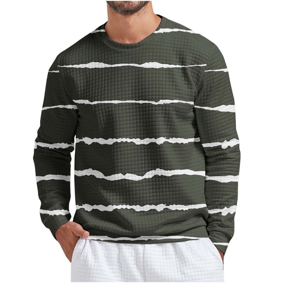 Penkiiy Mens Stripe Print Waffle Hoodless Sweatshirt Casual Long Sleeve Drawstring Waffle Knit Pullover Hoodless Sweatshirts Blouse M Dark Gray