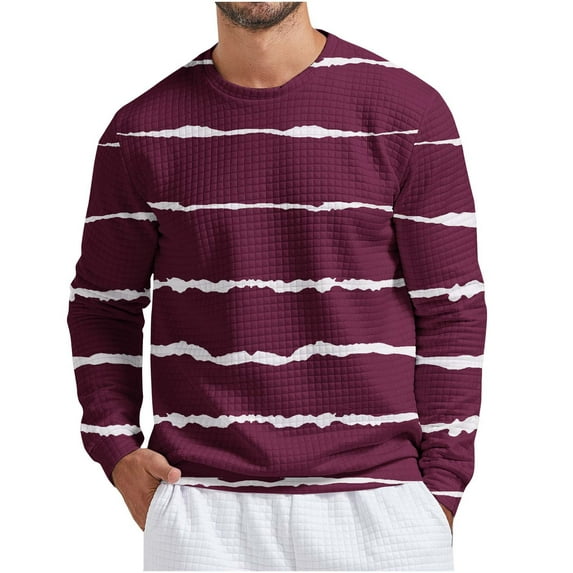 Penkiiy Mens Stripe Print Waffle Hoodless Sweatshirt Casual Long Sleeve Drawstring Waffle Knit Pullover Hoodless Sweatshirts Blouse S Wine