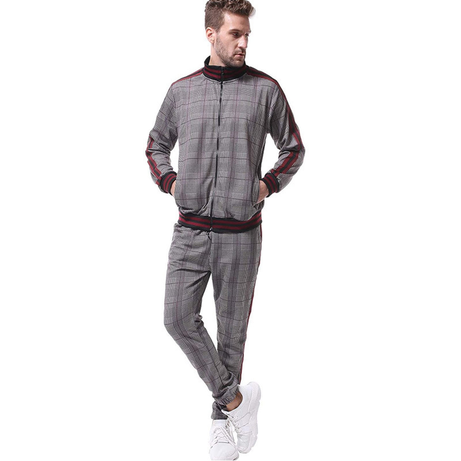 Penkiiy Mens Sweatsuits Sets Men's Jogging Suit Tracksuit Plaid Print Zip  Sweatshirt Top And Trouser Set Gray Mens Sets 