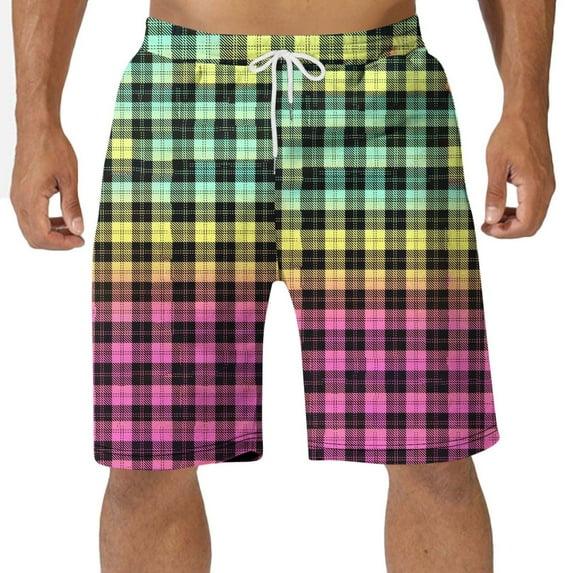 Penkiiy Mens Swim Trunks Plaid Board Shorts , Breathable Surf Beach Shorts Swimwear Bathing Suits M Multicolor