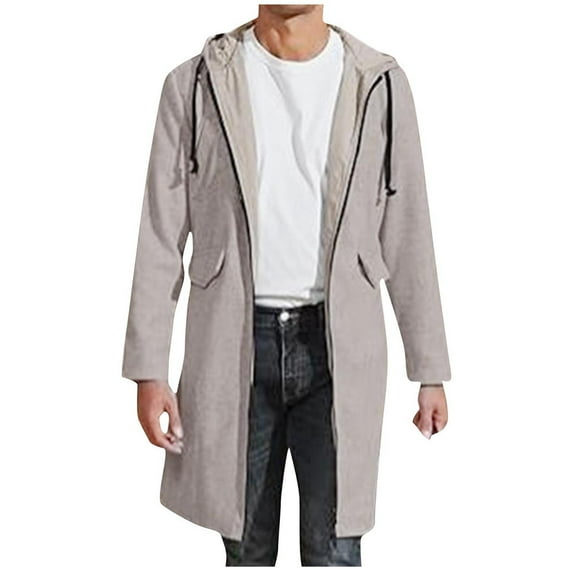 Penkiiy Mens Trench Coat Wool Blend Hoodie Long Jacket Full Zip Winter Classic Business Overcoat 2XL Khaki