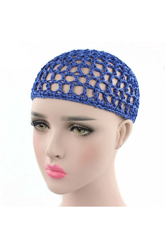 Mesh Crochet Hair Net Rayon Knit Snood Hat Cover Crocheted Sleep Cap for Women Blue