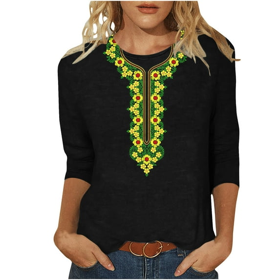Penkiiy Mexican Embroidered Shirts for Women Boho Tops and Blouses 3/4 Sleeve Bohemian Peasant Summer Fall Tunic Top,Vintage Floral Tunic Shirts, Flowers Embroidery Blouses M Black
