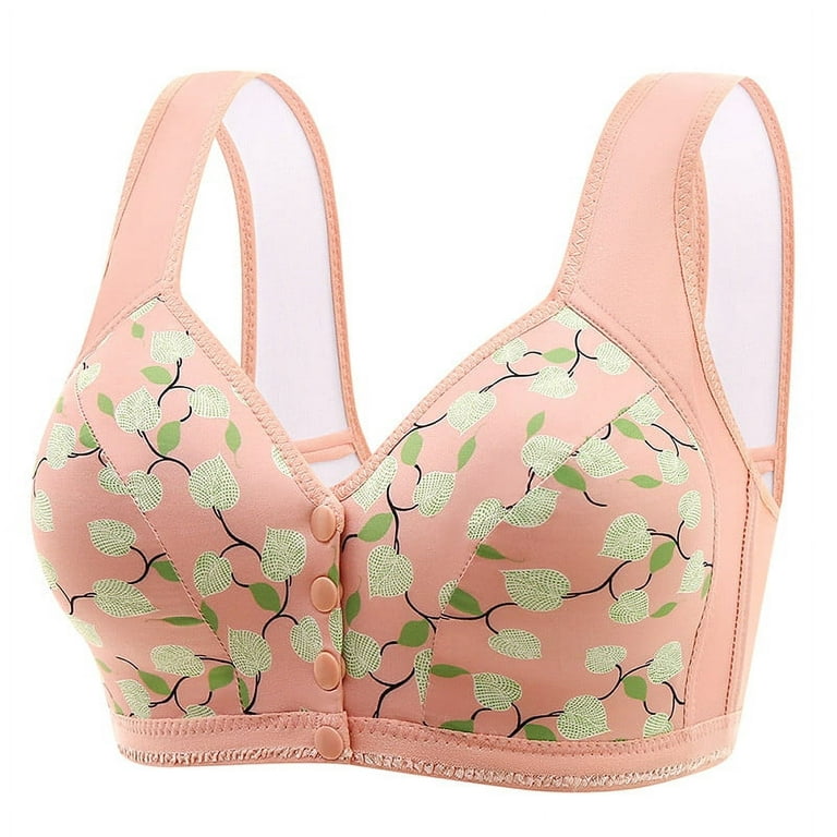Penkiiy Middle-Aged Elder Woman Floral Wirefree Bra Front Button Closeure  Soft Cotton Bra for Mom Grandma Gift Bra 38 Pink