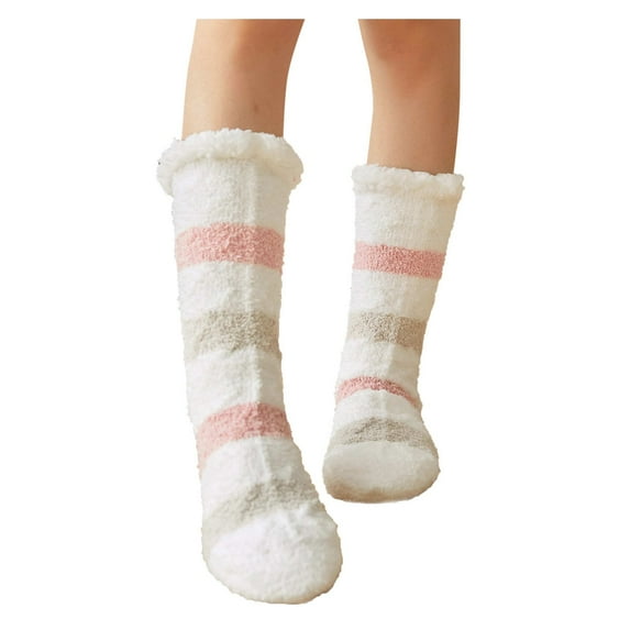 Penkiiy Middle Socks for Men Women's Winter Stripe Super Soft Warm Cozy Fuzzy Fleece-lined Sock Khaki Socks