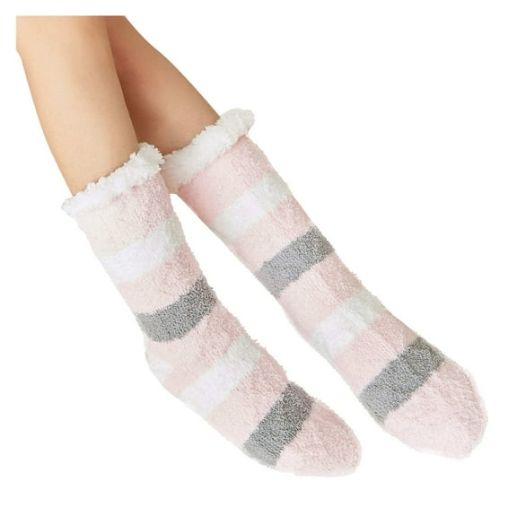 Penkiiy Middle Socks for Men Women's Winter Stripe Super Soft Warm Cozy Fuzzy Fleece-lined Sock Pink Socks